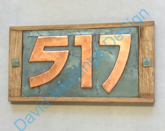 Copper Arts and Crafts Style plaque with Oak Wood frame 3x numbers 3"/75mm or 4"/100mm in Bala font hug