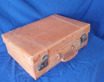 Vintage leather hard-shell cardboard travel suitcase by Hartmann approx 1970s - 80s