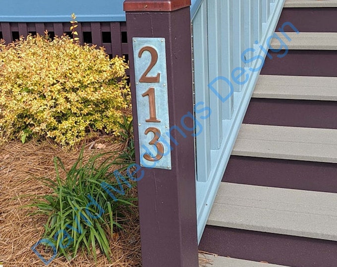 House Sign  number plaque in Copper polished and laquered, 3x nos. 3"/75mm or 4"/100mm high in Garamond font hgs