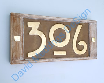 Brass and Oak framed Mission Mackintosh Style address plaque in 3x nos 3"/75mm or 4"/100mm high