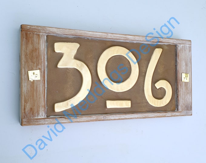 Brass and Oak framed Mission Mackintosh Style address plaque in 3x nos 3"/75mm or 4"/100mm high