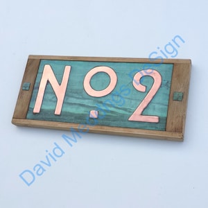 Copper Metal Street sign in Mission Mackintosh style  copper with oak frame, prefix &#39;No&#39; followed by 1x 3&quot;/75mm or 4&quot;/100mm high hug