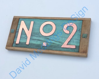 Copper Metal Street sign in Mission Mackintosh style  copper with oak frame, prefix 'No' followed by 1x 3"/75mm or 4"/100mm high hug