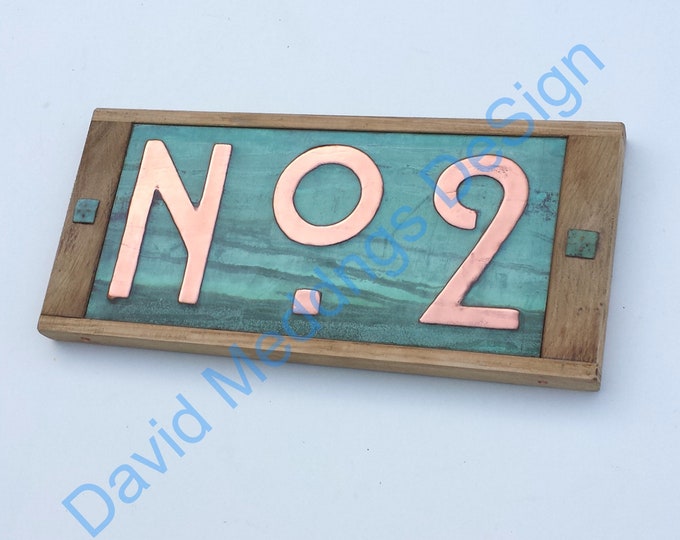 Copper Metal Street sign in Mission Mackintosh style  copper with oak frame, prefix 'No' followed by 1x 3"/75mm or 4"/100mm high hug