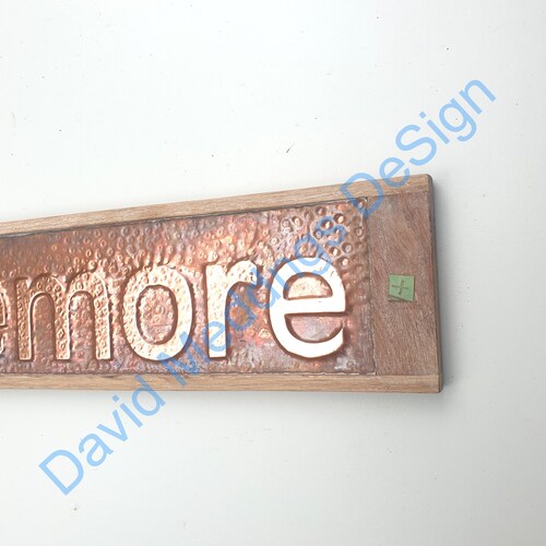 Arts and Crafts Copper sign in Mission Mackintosh font with oak frame in 2