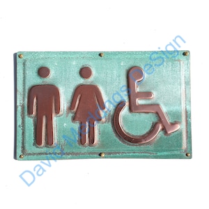 Unisex and Wheelchair user disabled toilet lavatory sign 4.2&quot;/105mm high in hammered or patinated copper hgsn