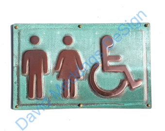 Unisex and Wheelchair user disabled toilet lavatory sign 4.2"/105mm high in hammered or patinated copper hgsn