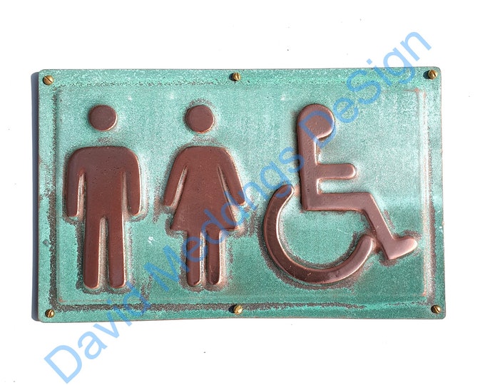 Unisex and Wheelchair user disabled toilet lavatory sign 4.2"/105mm high in hammered or patinated copper hug