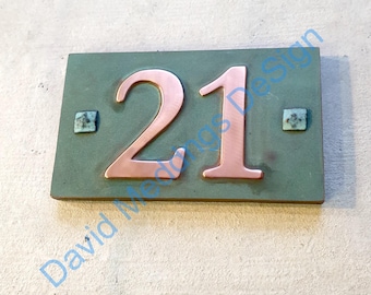 IN STOCK - 21 twenty one green Copper house plaque with plywood back with easy screw fixing 3"/75mm high in Garamond hgn