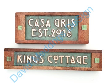 Personalized gift Name sign in Mackintosh/Mission font 1"/25mm high characters patinated or hammered Copper with limed oak frame hgSs