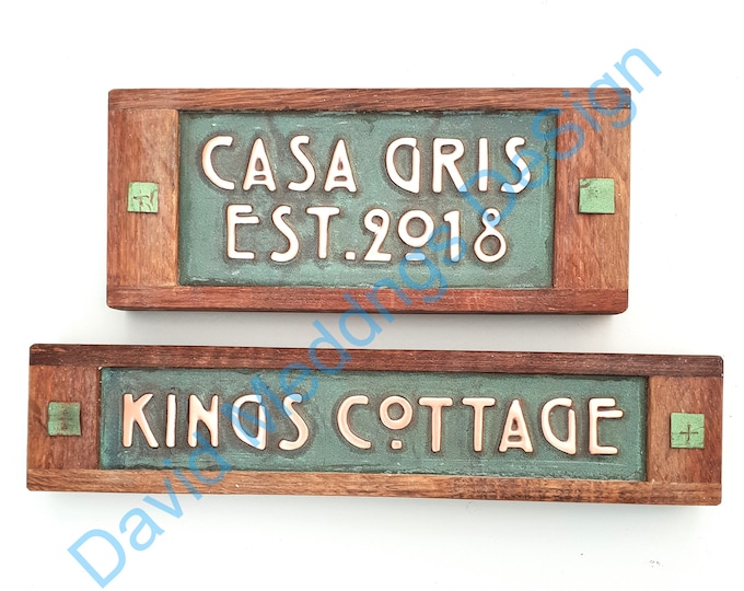 Personalized gift Name sign in Mackintosh/Mission font 1"/25mm high characters patinated or hammered Copper with limed oak frame hgSs