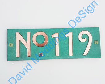 Mission Mackintosh style house sign with plywood back, 3"/75mm or 4"/100mm high, custom made,  'No' followed by your 3x numbers Shp