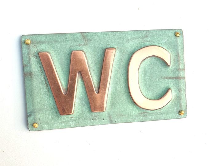 Copper door plaque WC toilet lavatory sign  in 2"/50mm high Antigoni in patinated or hammered finish ? hgsSS