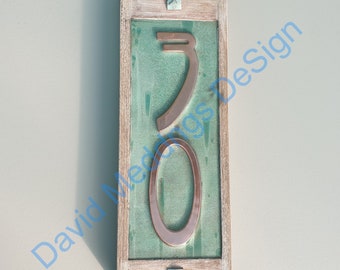 STOCK ITEM # 30  in Art Nouveau style green Copper and Oak Plaque 2x nos. 4"/100mm high numbers u