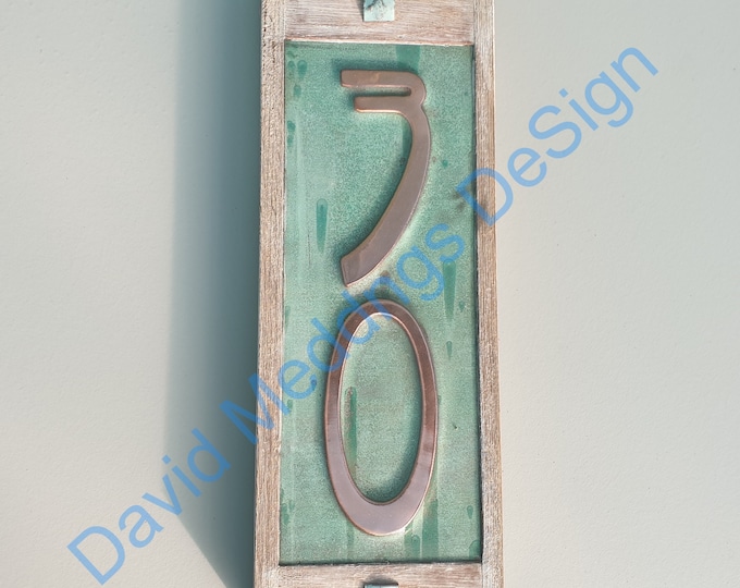 STOCK ITEM # 30  in Art Nouveau style green Copper and Oak Plaque 2x nos. 4"/100mm high numbers u