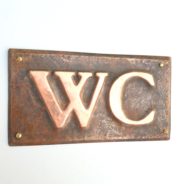Copper door plaque WC toilet lavatory sign in 2"/50mm high Garamond in patinated or hammered finish hg