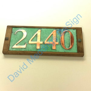 Copper Address number plaque with limed oak frame 4x nos. 3"/75mm or 4"/100mm high in Garamond hg