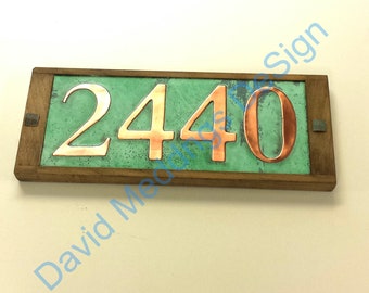 Copper Address number plaque with limed oak frame 4x nos. 3"/75mm or 4"/100mm high in Garamond hg