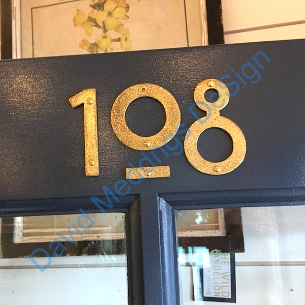 Brass house mailbox numbers in Mission Mackintosh style in polished, hammered or brushed finish 3"/75mm or 4"/100mm high  hgts