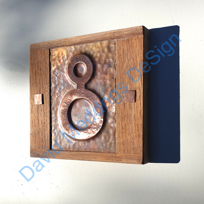 Arts and Crafts Style Wood and Copper House number plaque 1x no 3/75mm or 4/100mm Bala font hug image 2