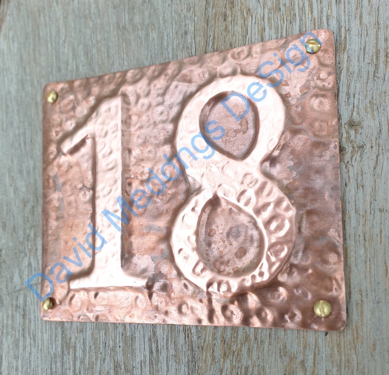 Traditional Arts Crafts green or hammered copper House sign 5x 3/75mm or 4/100mm in high in Garamond hug image 2