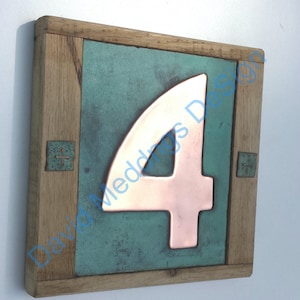 Arts and Crafts Style Wood and Copper House number plaque 1x no 3/75mm or 4/100mm Bala font hug image 1