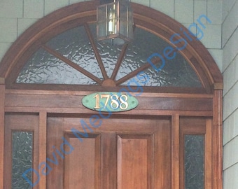 Oval copper House number plaque with plywood back in  1 - 5x nos  3"/75mm or 4"/100mm high in Garamond hgss