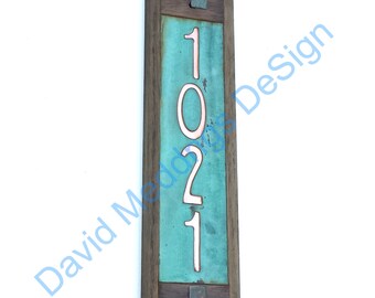 Art Nouveau Copper House plaque with oak frame upcycled gift -  2"/50mm high numbers S