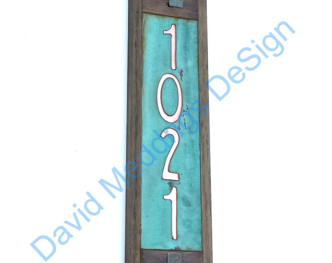Art Nouveau Copper House plaque with oak frame upcycled gift -  2"/50mm high numbers hug