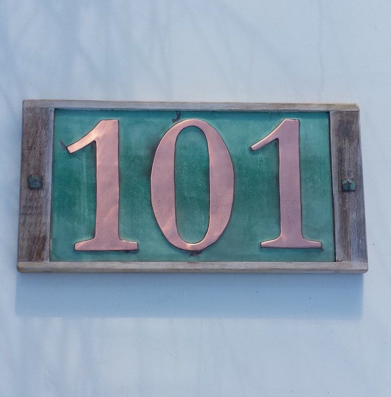 Large Copper House numbers plaque with oak frame 3x Etsy
