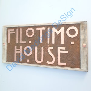 Address Plaque in Arts and Crafts Copper Mission Mackintosh style with oak frame in 2&quot;/50mm high letters on two lines hgs