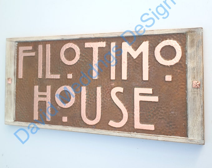 Arts and Crafts Copper sign in Mission Mackintosh font with oak frame in 2"/50mm high letters on two lines hug