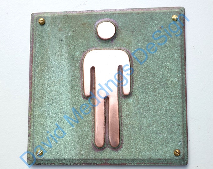 Male room toilet copper bathroom sign door plaque 4.2""/105mm square in patinated or hammered metal Shp