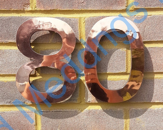 Large copper faced modern style floating numbers and letters, 9"/228mm high in polished, hammered or brushed finish Antigoni font hgt