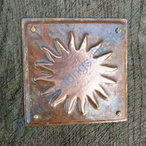 Sun star solar astronomy copper plaque in hammered or green copper 3.25&quot;/82mm square indoor or out hgSS
