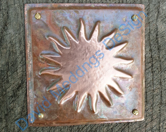 Sun star solar astronomy copper plaque in hammered or green copper 3.25"/82mm square indoor or out hug