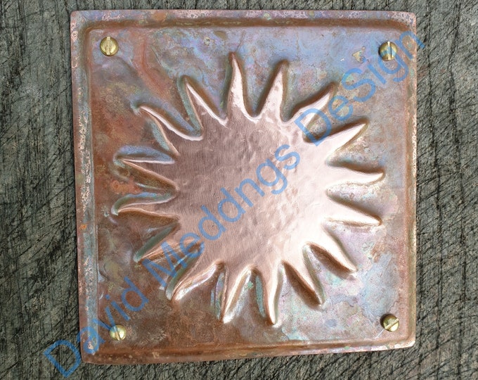 Sun star solar astronomy copper plaque in hammered or green copper 3.25"/82mm square indoor or out hgSS