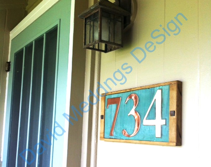 Large Copper House numbers plaque with oak frame. post option 3x  6"/150mm high nos in Garamond hug