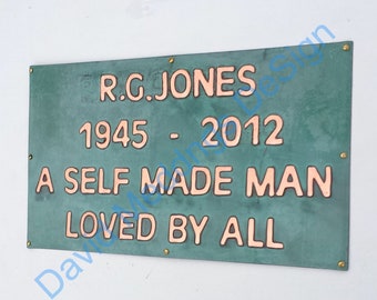 Memorial grave plaque pet name sign marker in hammered or patinated  copper 1" high Antigoni letters with plywood back   hp