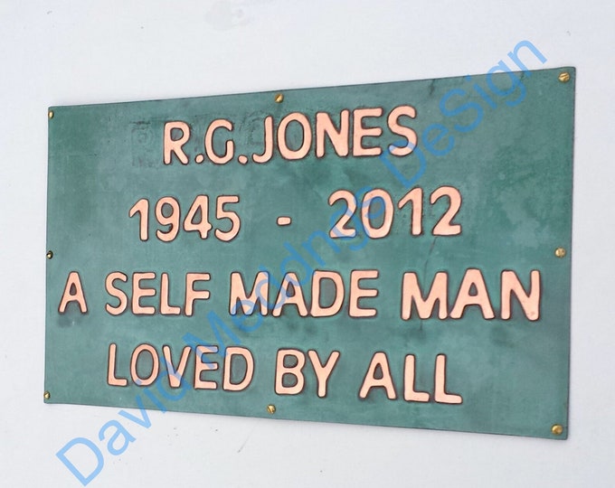 Memorial grave plaque pet name sign marker in hammered or patinated  copper 1" high Antigoni letters with plywood back   hp