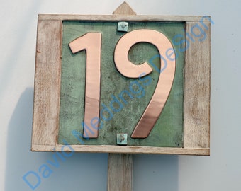 Arts and Crafts Yard lawn Garden House plaque Sign 1-3x numbers 6"/150mm in Copper with oak frame - post optional  hgt