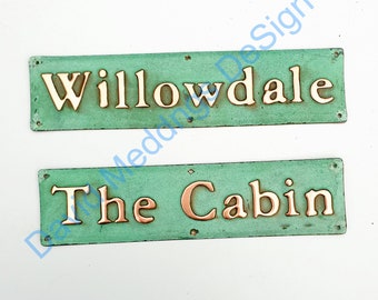 Small copper Gate door name Sign address plaque up to 44 letters of your choice in 1" high Garamond font hug