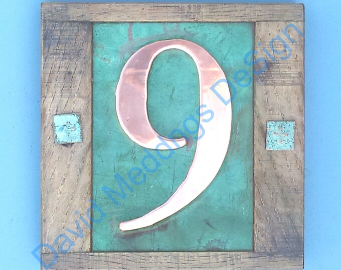 Eco friendly Copper House with oak frame 1x no 3"/75mm or 4"/100mm number in Garamond font hgs
