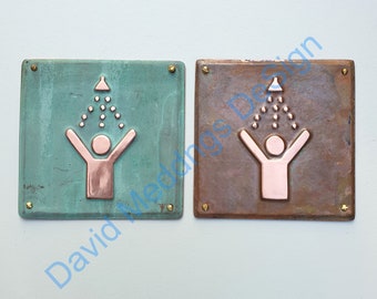 Shower copper door plaque in hammered or green finish - upcycled gift 4.2"/105mm square hgsss