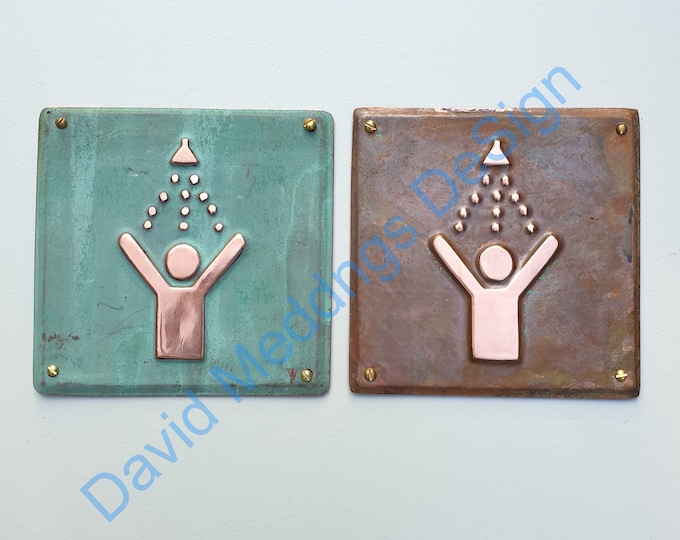 Shower copper door plaque in hammered or green - upcycled gift 4.2"/105mm square hug