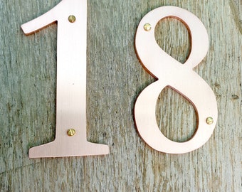 Traditional style Copper numbers  polished, hammered, brushed or patinated 6"/150mm high Garamond  font thpbg