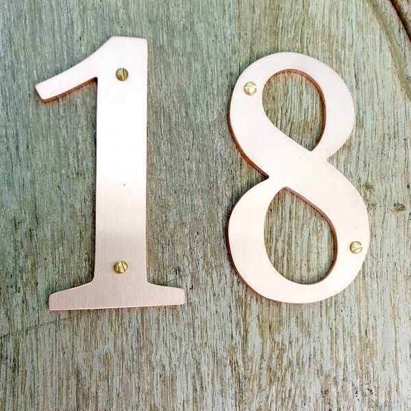 Traditional style Copper numbers  polished, hammered, brushed or patinated 6"/150mm high Garamond  font thpubg