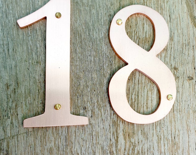 Traditional style Copper numbers  polished, hammered, brushed or patinated 6"/150mm high Garamond  font thpubg