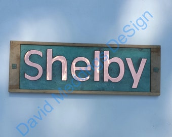 Oak and Copper House Name Sign in Upper/Lower case 4"/100mm characters Antigoni on one line hugF