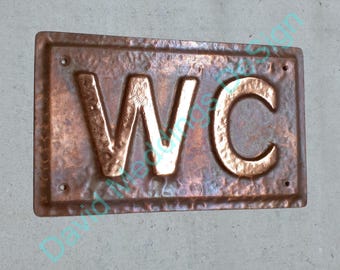 Copper door plaque WC toilet lavatory sign  in 2"/50mm high Antigoni in patinated or hammered finish ? hgsSS
